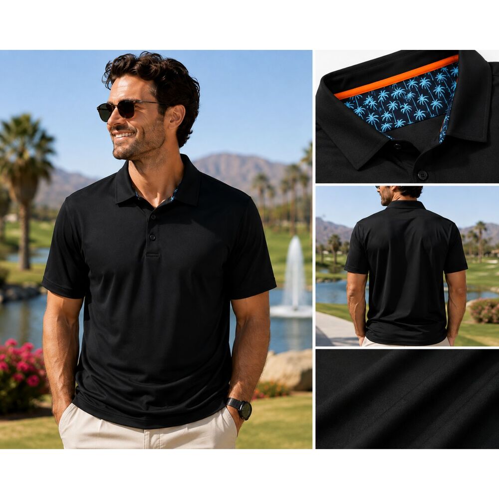 Men’s XL Viral TikTok Polo Black Palm Tree Trim Performance Golf Shirt NWT